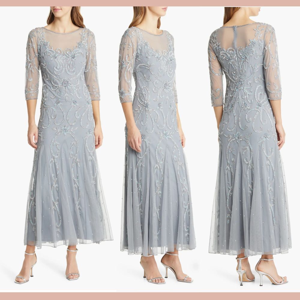 NWT $268‎ Pisarro Nights [ 2 ] 3/4 Sleeve Beaded Illusion Neck Gown Sea Blue